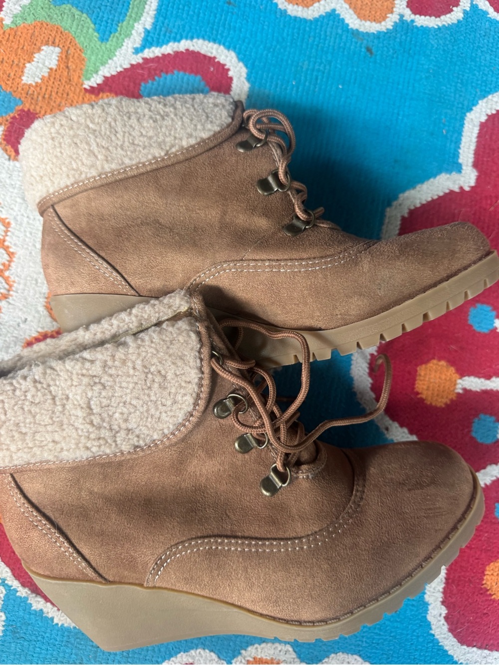 Kohl's Tan Wedge Ankle Boots with Sherpa Trim